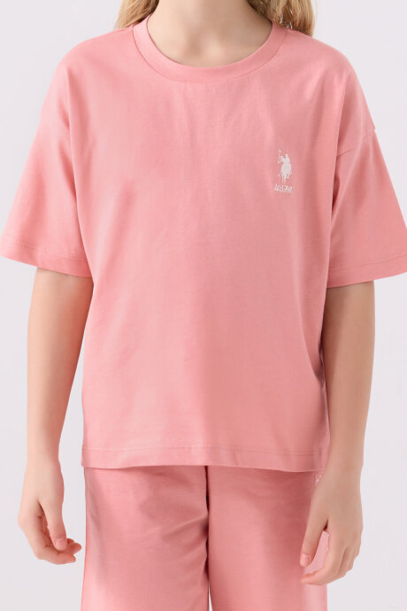 U.S. Polo Assn. Kız Çocuk Pamuklu Bisiklet Yaka Sargı Nakışlı Yazlık Regular Fit Pembe Bermuda Takım US1848-C-V24 - 4