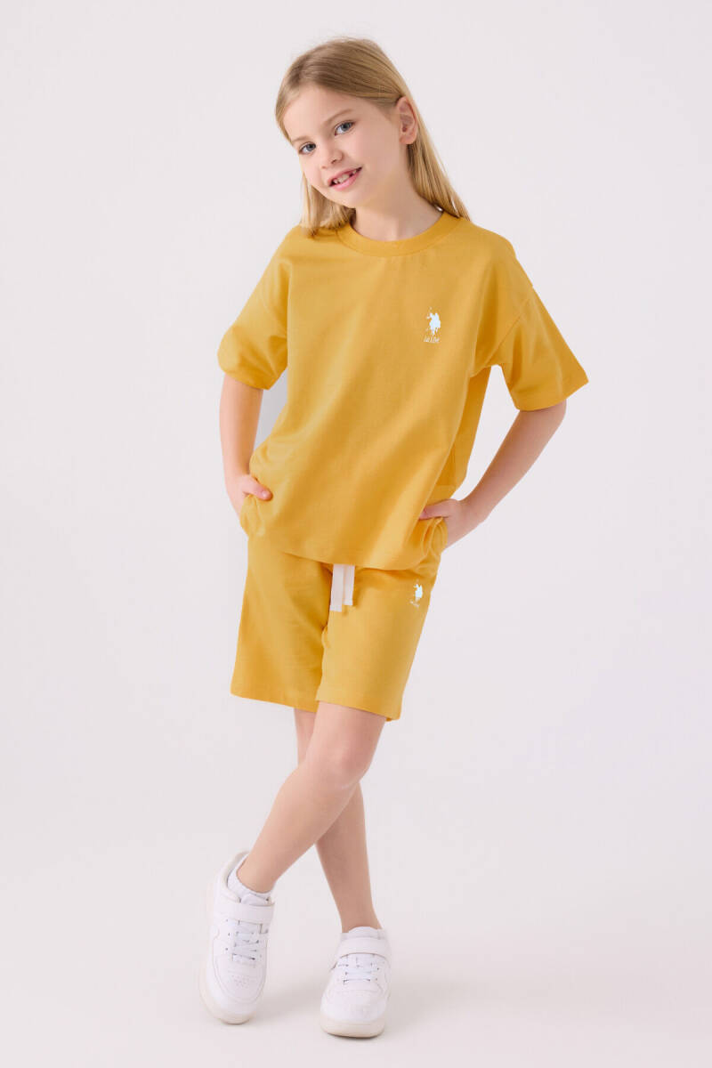 U.S. Polo Assn. Kız Çocuk Pamuklu Bisiklet Yaka Sargı Nakışlı Yazlık Regular Fit Sarı Bermuda Takım US1850-C-V23 - 1