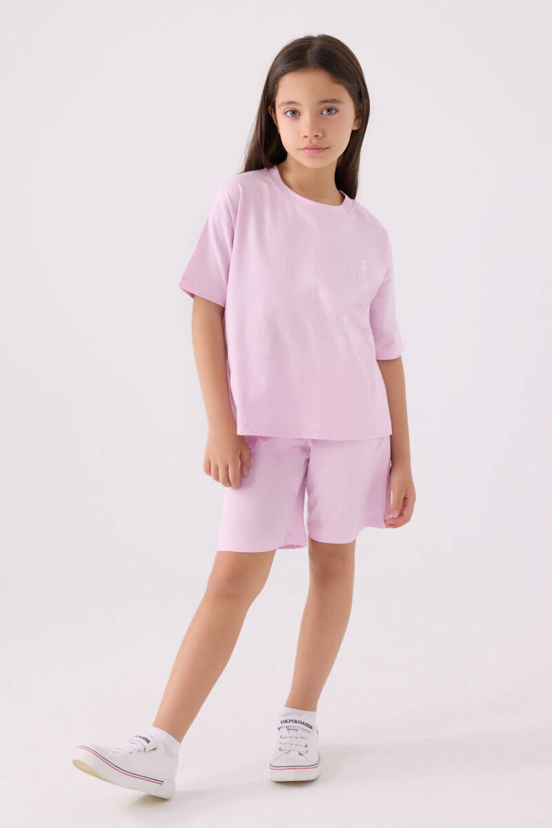 U.S. Polo Assn. Kız Çocuk Pamuklu Bisiklet Yaka Sargı Nakışlı Yazlık Regular Fit Mor Bermuda Takım US1848-C-V54 - 1