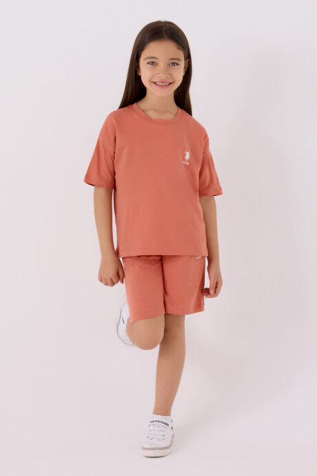 U.S. Polo Assn. Kız Çocuk Bisiklet Yaka Sargı Nakışlı Yazlık Regular Fit Turuncu Bermuda Takım US1848-C-V59 