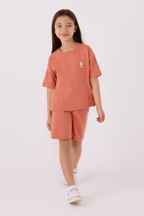 U.S. Polo Assn. Kız Çocuk Bisiklet Yaka Sargı Nakışlı Yazlık Regular Fit Turuncu Bermuda Takım US1848-C-V59 - 3