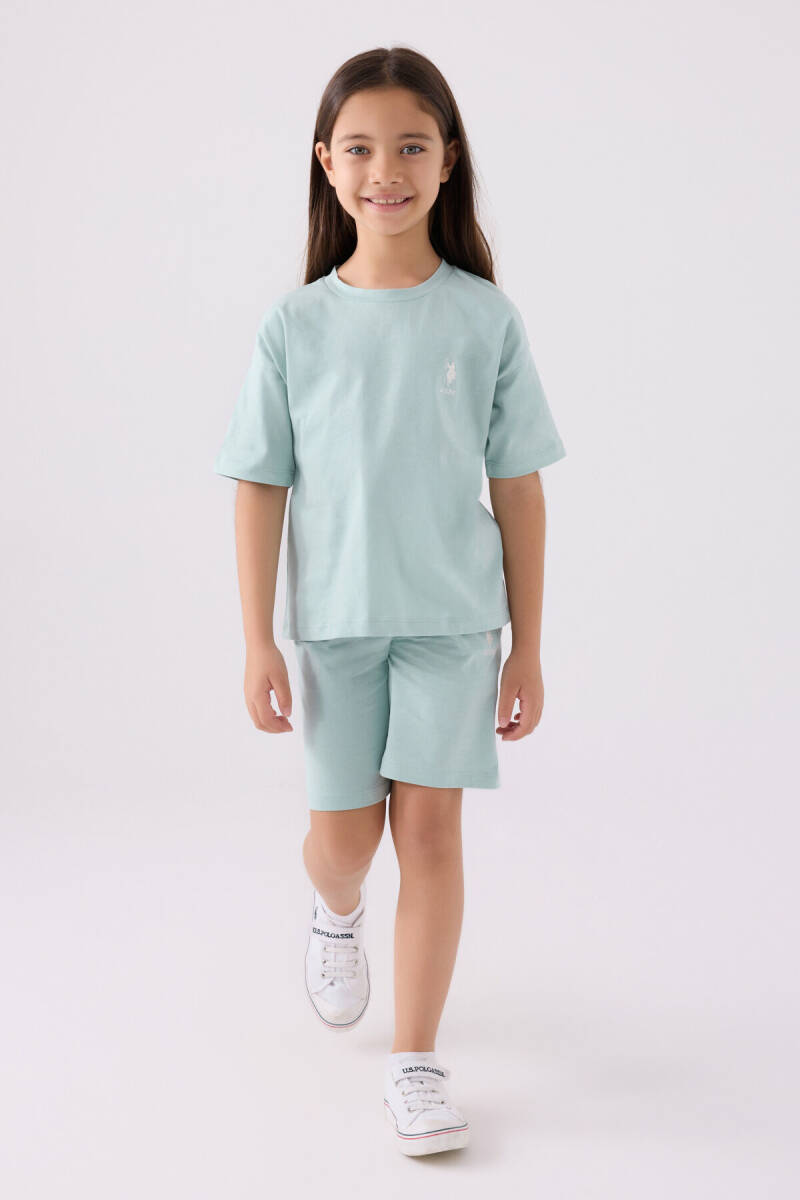 U.S. Polo Assn. Kız Çocuk Pamuklu Bisiklet Yaka Sargı Nakışlı Yazlık Regular Fit Mavi Bermuda Takım US1848-C-V49 - 1