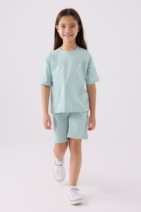 U.S. Polo Assn. Kız Çocuk Bisiklet Yaka Sargı Nakışlı Yazlık Regular Fit Mavi Bermuda Takım US1848-C-V49 