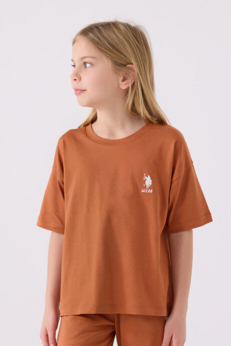 U.S. Polo Assn. Kız Çocuk Pamuklu Bisiklet Yaka Sargı Nakışlı Yazlık Regular Fit Kahverengi Bermuda Takım US1848-C-V30 - 2