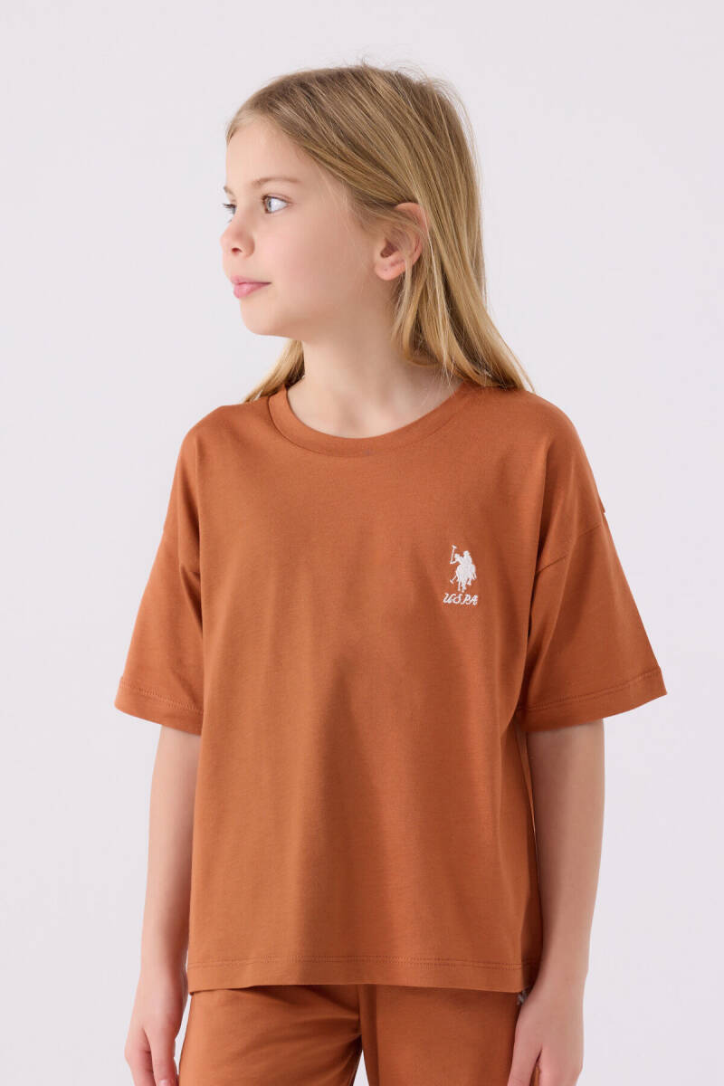 U.S. Polo Assn. Kız Çocuk Pamuklu Bisiklet Yaka Sargı Nakışlı Yazlık Regular Fit Kahverengi Bermuda Takım US1848-C-V30 - 2