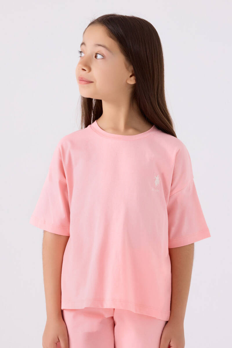 U.S. Polo Assn. Kız Çocuk Pamuklu Bisiklet Yaka Sargı Nakışlı Yazlık Regular Fit Pembe Bermuda Takım US1848-C-V50 - 2