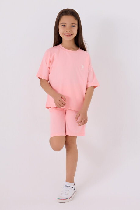 U.S. Polo Assn. Kız Çocuk Pamuklu Bisiklet Yaka Sargı Nakışlı Yazlık Regular Fit Pembe Bermuda Takım US1848-C-V50 - 3