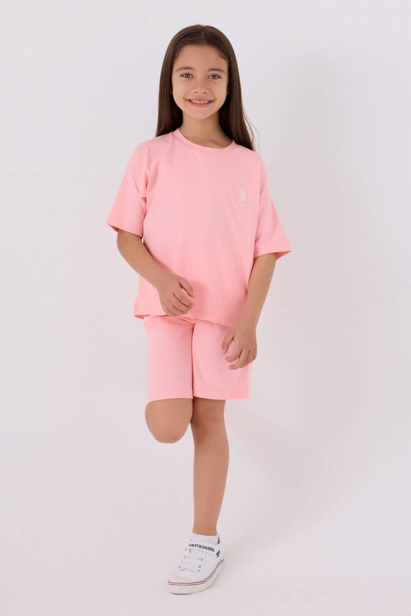 U.S. Polo Assn. Kız Çocuk Pamuklu Bisiklet Yaka Sargı Nakışlı Yazlık Regular Fit Pembe Bermuda Takım US1848-C-V50 - 3