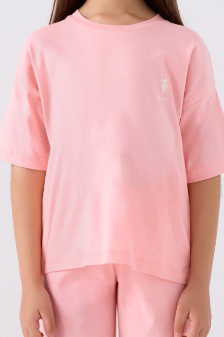 U.S. Polo Assn. Kız Çocuk Pamuklu Bisiklet Yaka Sargı Nakışlı Yazlık Regular Fit Pembe Bermuda Takım US1848-C-V50 - 4