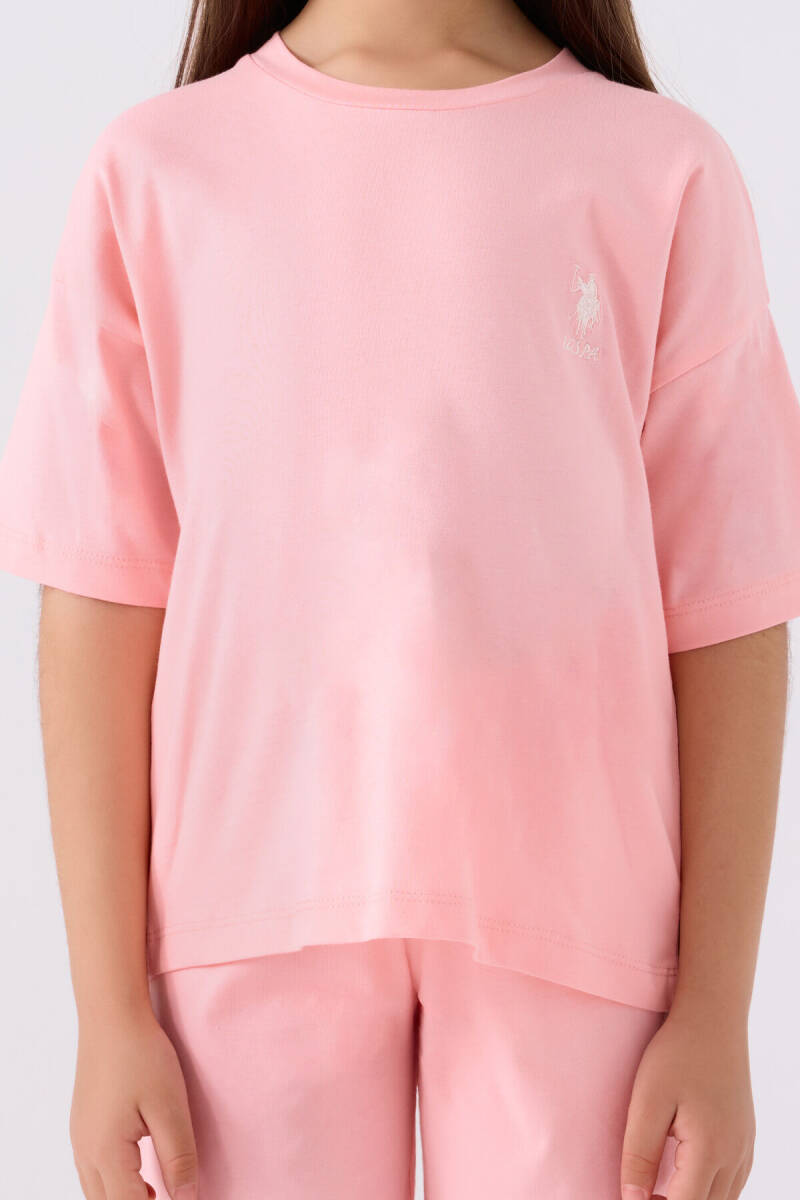 U.S. Polo Assn. Kız Çocuk Pamuklu Bisiklet Yaka Sargı Nakışlı Yazlık Regular Fit Pembe Bermuda Takım US1848-C-V50 - 4