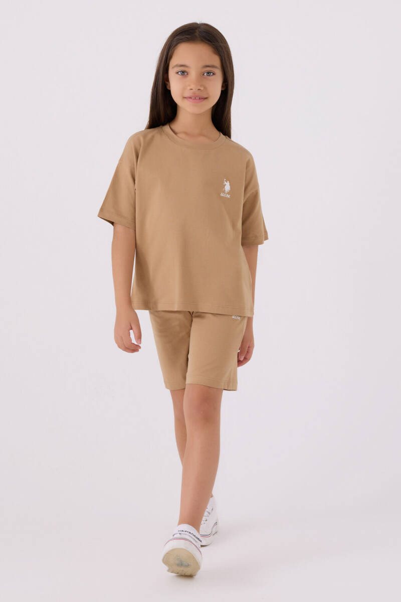U.S. Polo Assn. Kız Çocuk Pamuklu Bisiklet Yaka Sargı Nakışlı Yazlık Regular Fit Kahverengi Bermuda Takım US1848-C-V9 - 1