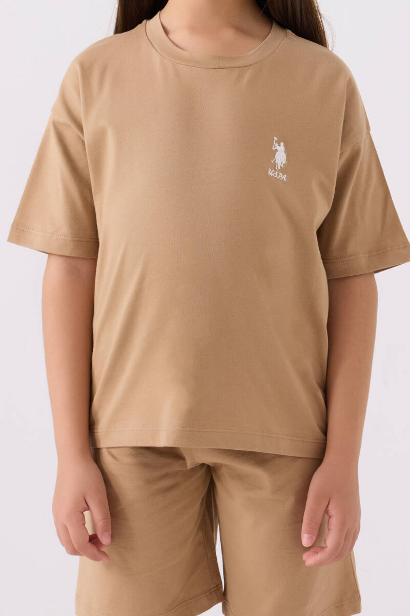 U.S. Polo Assn. Kız Çocuk Pamuklu Bisiklet Yaka Sargı Nakışlı Yazlık Regular Fit Kahverengi Bermuda Takım US1848-C-V9 - 4