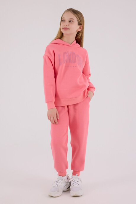 Rolypoly Kız Çocuk Pamuklu Kapüşonlu Pigment Baskılı Kışlık Regular Fit Pembe Eşofman Takımı RP3691-C-V1 