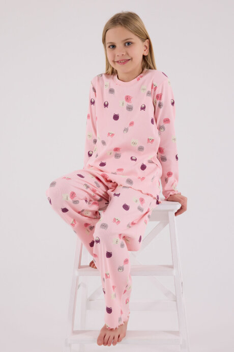 Rolypoly Kız Çocuk Pamuklu Bisiklet Yaka Pigment Baskılı Kışlık Regular Fit Pembe Pijama Takımı RP3701-C-V2