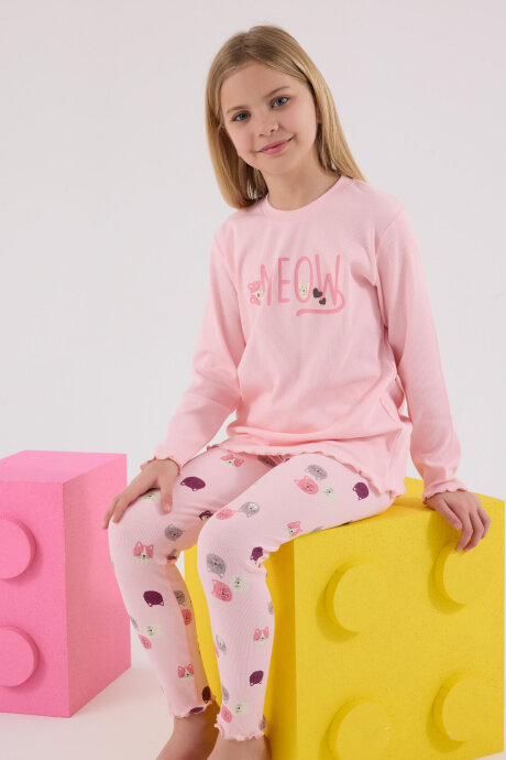 Rolypoly Kız Çocuk Pamuklu Bisiklet Yaka Pigment Baskılı Kışlık Regular Fit Pembe Pijama Takımı RP3700-C-V2 - 1