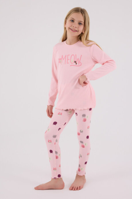 Rolypoly Kız Çocuk Pamuklu Bisiklet Yaka Pigment Baskılı Kışlık Regular Fit Pembe Pijama Takımı RP3700-C-V2 - 2