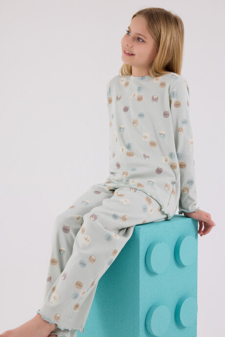 Rolypoly Kız Çocuk Pamuklu Bisiklet Yaka Pigment Baskılı Kışlık Regular Fit Yeşil Pijama Takımı RP3701-C-V1