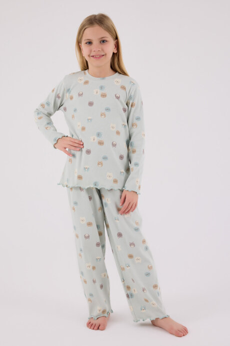 Rolypoly Kız Çocuk Pamuklu Bisiklet Yaka Pigment Baskılı Kışlık Regular Fit Yeşil Pijama Takımı RP3701-C-V1 (1)