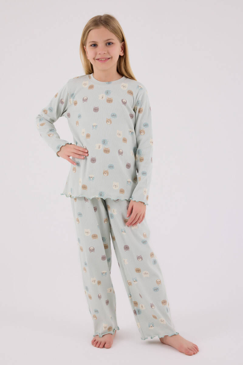 Rolypoly Kız Çocuk Pamuklu Bisiklet Yaka Pigment Baskılı Kışlık Regular Fit Yeşil Pijama Takımı RP3701-C-V1 - 2