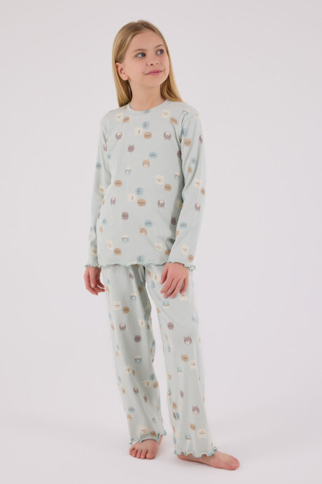 Rolypoly Kız Çocuk Pamuklu Bisiklet Yaka Pigment Baskılı Kışlık Regular Fit Yeşil Pijama Takımı RP3701-C-V1 - 3