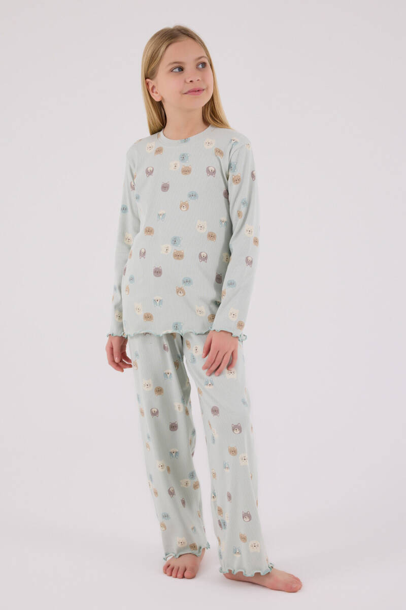Rolypoly Kız Çocuk Pamuklu Bisiklet Yaka Pigment Baskılı Kışlık Regular Fit Yeşil Pijama Takımı RP3701-C-V1 - 3