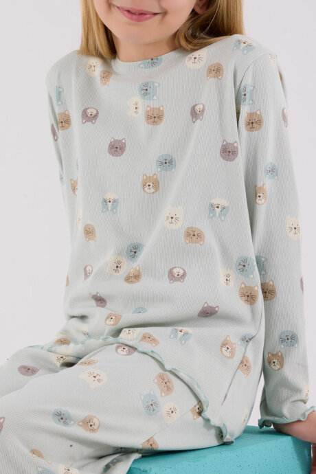 Rolypoly Kız Çocuk Pamuklu Bisiklet Yaka Pigment Baskılı Kışlık Regular Fit Yeşil Pijama Takımı RP3701-C-V1 - 4