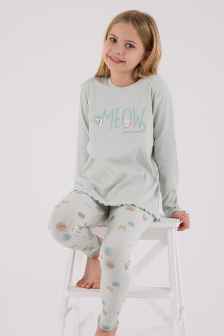 Rolypoly Kız Çocuk Pamuklu Bisiklet Yaka Pigment Baskılı Kışlık Regular Fit Yeşil Pijama Takımı RP3700-C-V1 
