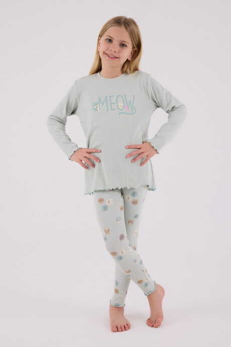 Rolypoly Kız Çocuk Pamuklu Bisiklet Yaka Pigment Baskılı Kışlık Regular Fit Yeşil Pijama Takımı RP3700-C-V1 - 2