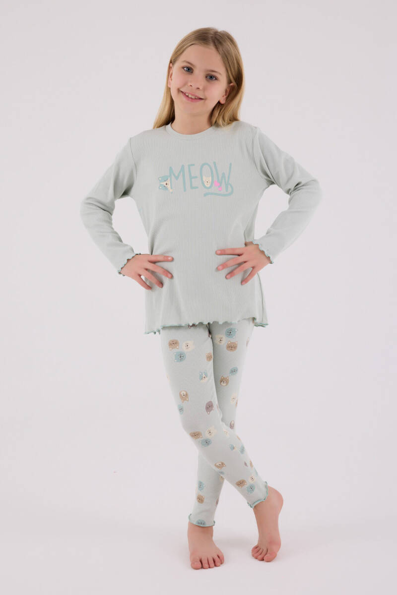 Rolypoly Kız Çocuk Pamuklu Bisiklet Yaka Pigment Baskılı Kışlık Regular Fit Yeşil Pijama Takımı RP3700-C-V1 - 2