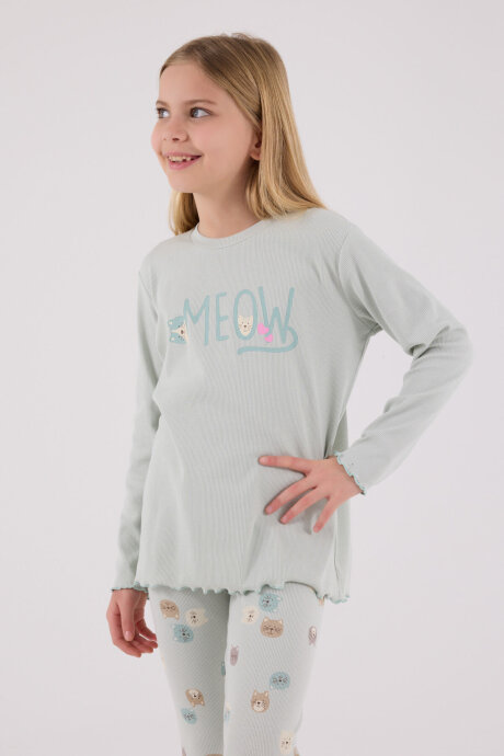 Rolypoly Kız Çocuk Pamuklu Bisiklet Yaka Pigment Baskılı Kışlık Regular Fit Yeşil Pijama Takımı RP3700-C-V1 - 3