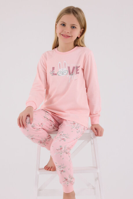 Rolypoly Kız Çocuk Pamuklu Bisiklet Yaka Pigment Baskılı Kışlık Regular Fit Pembe Pijama Takımı RP3703-C-V2