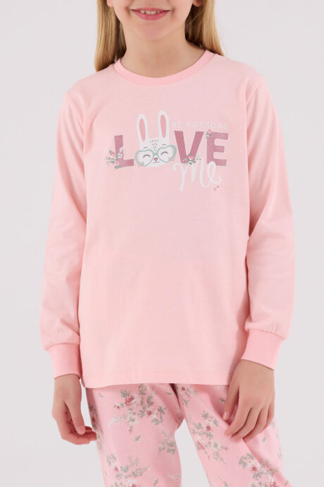 Rolypoly Kız Çocuk Pamuklu Bisiklet Yaka Pigment Baskılı Kışlık Regular Fit Pembe Pijama Takımı RP3703-C-V2 - 5