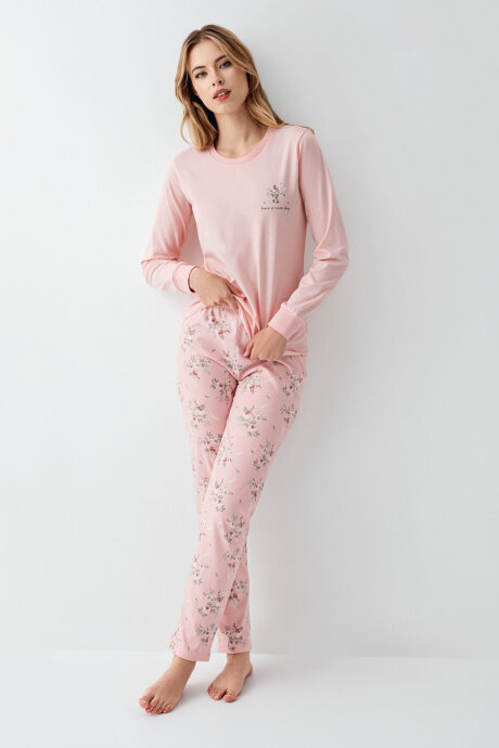 Rolypoly Kadın Pamuklu Bisiklet Yaka Pigment Baskılı Kışlık Regular Fit Pembe Pijama Takımı RP3703-S-V2