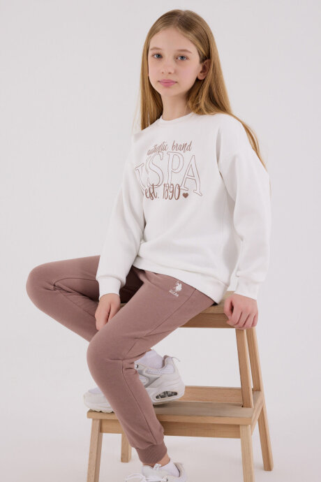 U.S. Polo Assn. Kız Çocuk Pamuklu Bisiklet Yaka Pigment Baskılı Kışlık Regular Fit Beyaz Eşofman Takımı US2316-C-V3