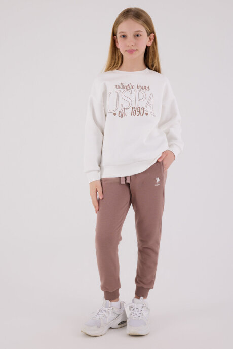 U.S. Polo Assn. Kız Çocuk Pamuklu Bisiklet Yaka Pigment Baskılı Kışlık Regular Fit Beyaz Eşofman Takımı US2316-C-V3 (1)