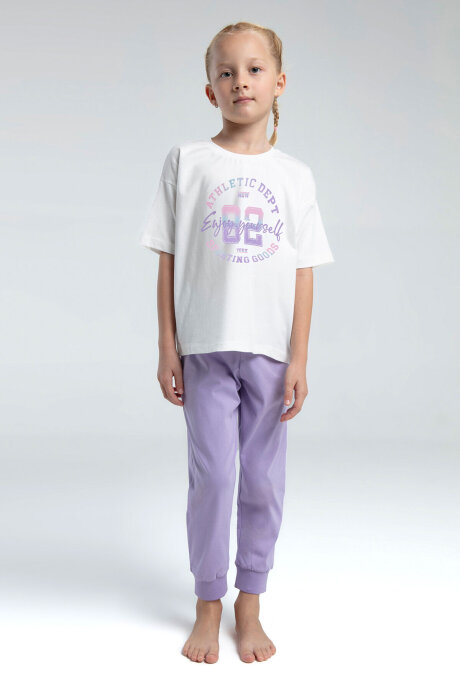 Rolypoly Kız Çocuk Pamuklu Bisiklet Yaka Pigment Baskılı Yazlık Regular Fit Mor Pijama Takımı RP3614-C-V1 - 1