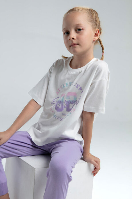 Rolypoly Kız Çocuk Pamuklu Bisiklet Yaka Pigment Baskılı Yazlık Regular Fit Mor Pijama Takımı RP3614-C-V1 - 2
