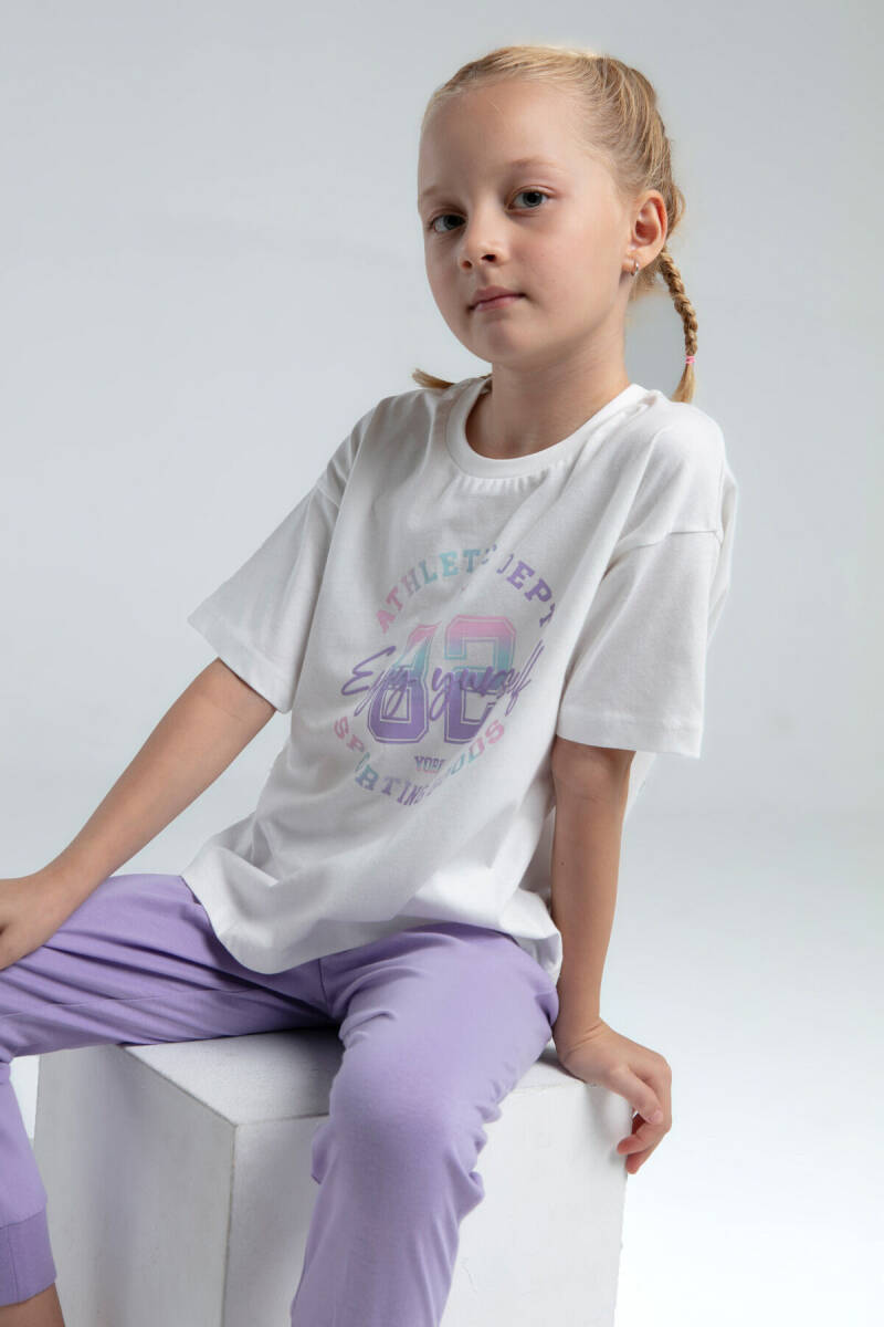 Rolypoly Kız Çocuk Pamuklu Bisiklet Yaka Pigment Baskılı Yazlık Regular Fit Mor Pijama Takımı RP3614-C-V1 - 2