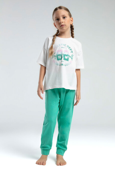 Rolypoly Kız Çocuk Pamuklu Bisiklet Yaka Pigment Baskılı Yazlık Regular Fit Yeşil Pijama Takımı RP3614-C-V2 