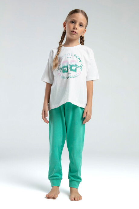 Rolypoly Kız Çocuk Pamuklu Bisiklet Yaka Pigment Baskılı Yazlık Regular Fit Yeşil Pijama Takımı RP3614-C-V2 - 2