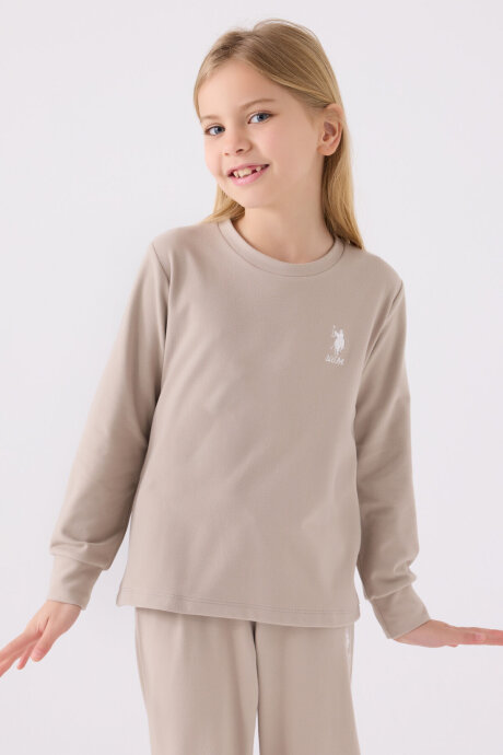 U.S. Polo Assn. Kız Çocuk Pamuklu Bisiklet Yaka Pigment Baskılı Kışlık Regular Fit Krem Pijama Takımı US1669-C-V1 (1)