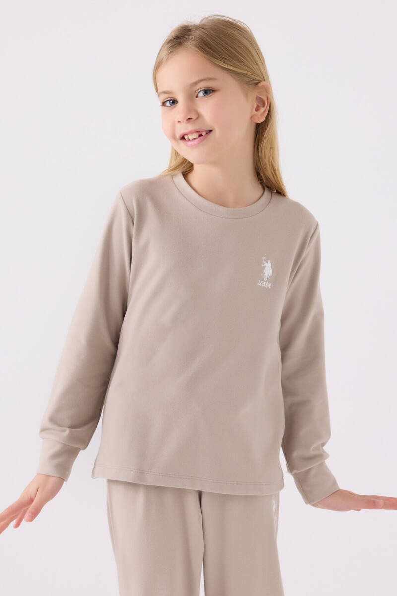 U.S. Polo Assn. Kız Çocuk Pamuklu Bisiklet Yaka Pigment Baskılı Kışlık Regular Fit Krem Pijama Takımı US1669-C-V1 - 2