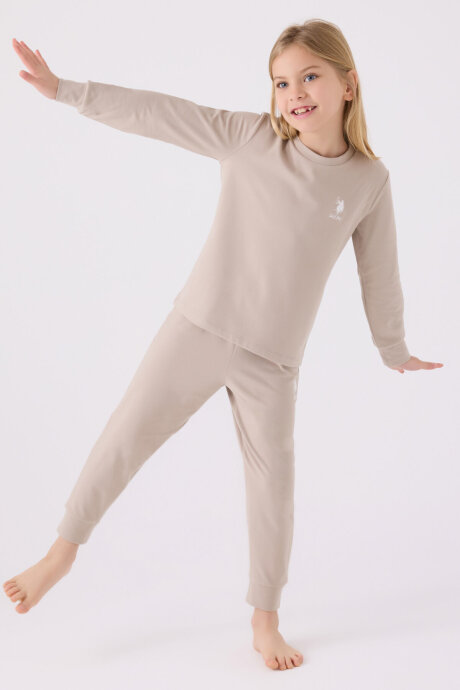 U.S. Polo Assn. Kız Çocuk Pamuklu Bisiklet Yaka Pigment Baskılı Kışlık Regular Fit Krem Pijama Takımı US1669-C-V1 - 3