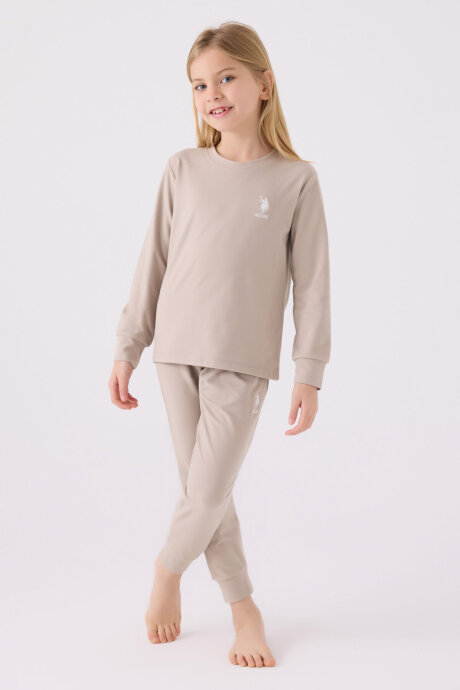 U.S. Polo Assn. Kız Çocuk Pamuklu Bisiklet Yaka Pigment Baskılı Kışlık Regular Fit Krem Pijama Takımı US1669-C-V1