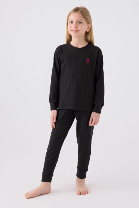 U.S. Polo Assn. Kız Çocuk Pamuklu Bisiklet Yaka Pigment Baskılı Kışlık Regular Fit Siyah Pijama Takımı US1669-C-V5