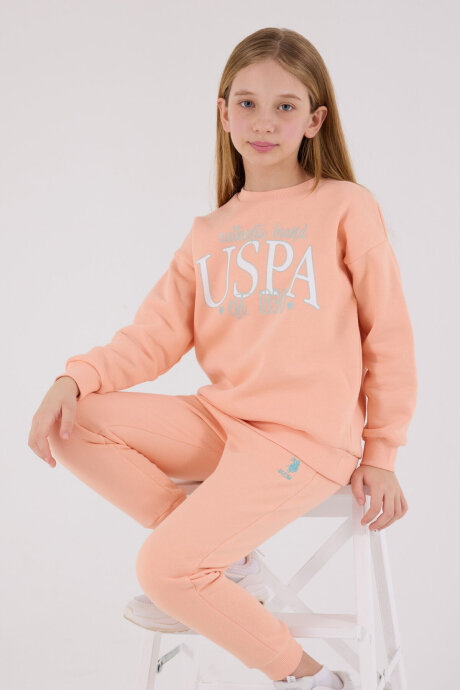 U.S. Polo Assn. Kız Çocuk Pamuklu Bisiklet Yaka Pigment Baskılı Kışlık Regular Fit Turuncu Eşofman Takımı US2316-C-V2 - 2