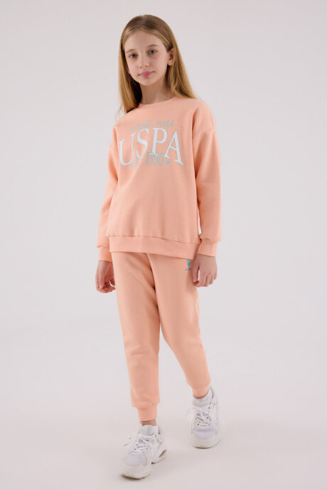 U.S. Polo Assn. Kız Çocuk Pamuklu Bisiklet Yaka Pigment Baskılı Kışlık Regular Fit Turuncu Eşofman Takımı US2316-C-V2 - 3