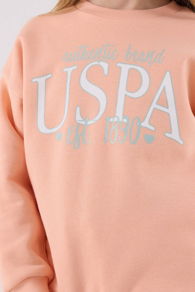 U.S. Polo Assn. Kız Çocuk Pamuklu Bisiklet Yaka Pigment Baskılı Kışlık Regular Fit Turuncu Eşofman Takımı US2316-C-V2 - 6