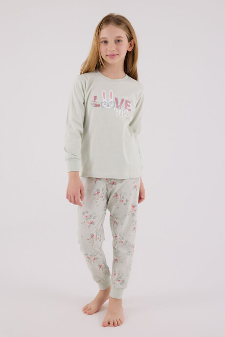 Rolypoly Kız Çocuk Pamuklu Bisiklet Yaka Pigment Baskılı Kışlık Regular Fit Yeşil Pijama Takımı RP3703-C-V1 - 3