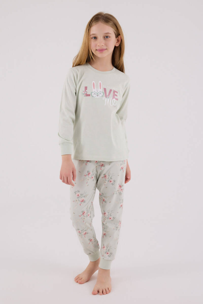 Rolypoly Kız Çocuk Pamuklu Bisiklet Yaka Pigment Baskılı Kışlık Regular Fit Yeşil Pijama Takımı RP3703-C-V1 - 3